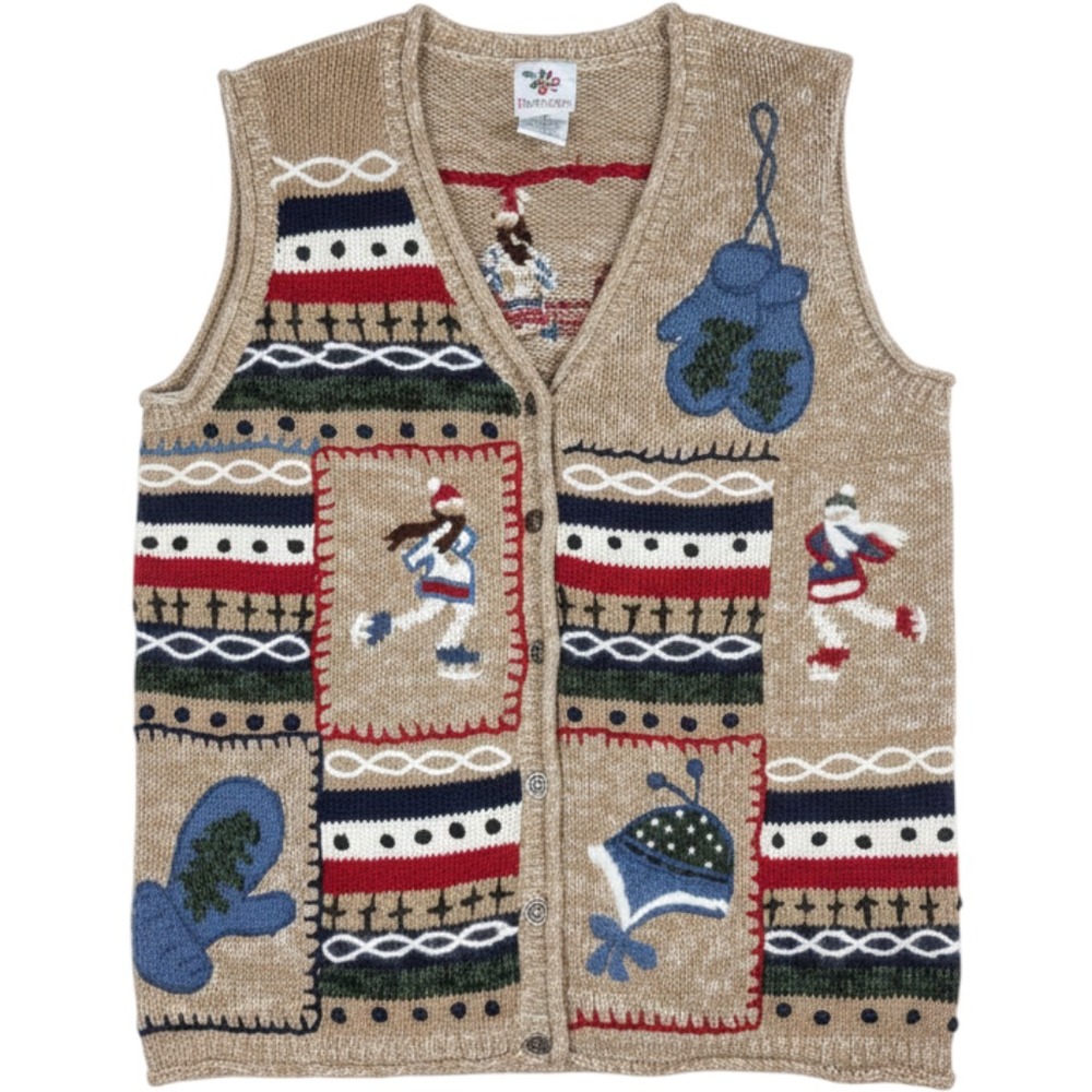 Nutcracker Plus Tan Winter Ice Skater Mitten Embroidered Sweater Vest NWT XL